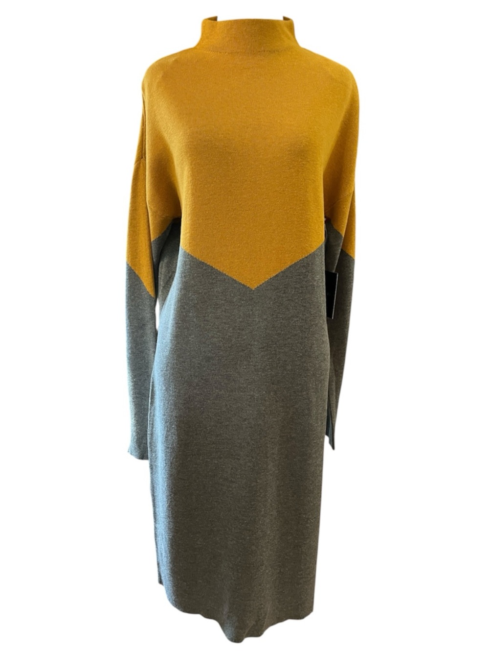CYNTHIA ROWLEY CHEVRON LONG SLEEVE KNIT DRESS SIZE LARGE GOLD GRAY NEW WITH TAGS
